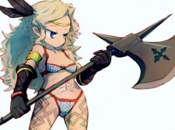  alchera amazon_(dragon&#039;s_crown) armlet armor bikini_armor blonde_hair blue_eyes circlet commentary_request dragon&#039;s_crown feathers female gloves halberd long_hair polearm solo tattoo weapon 