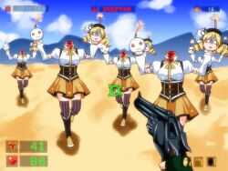  5girls beheaded_kamikaze beret blonde_hair blood bomb boots commentary_request corset crosshair detached_sleeves drill_hair explosive fingerless_gloves gloves gun hair_ornament hat heads-up_display health_bar heart holding holding_bomb holding_own_head kyuubee magical_girl mahou_shoujo_madoka_magica mahou_shoujo_madoka_magica_(anime) mami_mogu_mogu multiple_girls parody pov puffy_sleeves running sabano_niwatori score serious_sam striped_clothes striped_thighhighs thighhighs tomoe_mami tomoe_mami_(magical_girl) twin_drills twintails vertical-striped_clothes vertical-striped_thighhighs weapon yellow_eyes zettai_ryouiki 