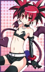  bad_id bad_pixiv_id bat_wings belt black_gloves choker demon_girl demon_tail disgaea earrings elbow_gloves etna_(disgaea) female flat_chest gloves jewelry midriff navel nyoro_(nyoronyoro000) photoshop_(medium) pointy_ears red_eyes red_hair skull smile solo tail thighhighs twintails wings 