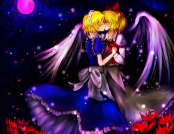  2girls angel_wings blonde_hair bow closed_eyes commentary_request flower full_moon gengetsu_(touhou) holding_hands incest interlocked_fingers kissing kiyonaka_rei moon mugetsu_(touhou) multiple_girls purple_moon red_bow red_flower ribbon siblings sisters touhou touhou_(pc-98) wings yuri 