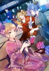  1boy 4girls :q beatrice_(umineko) blonde_hair blue_eyes closed_eyes commentary_request cup drill_hair dutch_angle floral_print flower gaap_(umineko) grey_hair hair_bun hair_flower hair_ornament hands_in_opposite_sleeves hanokage japanese_clothes kimono multiple_girls off_shoulder red_hair seiza short_hair single_hair_bun sitting tatami tongue tongue_out twin_drills twintails umineko_no_naku_koro_ni ushiromiya_ange ushiromiya_battler virgilia_(umineko) 