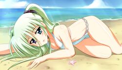  bad_id bad_pixiv_id bare_shoulders beach blush breasts cleavage day einhard_stratos female green_hair heterochromia highres km_yama long_hair lyrical_nanoha mahou_shoujo_lyrical_nanoha_vivid medium_breasts open_mouth outdoors solo swimsuit water 