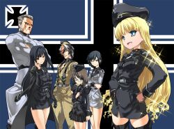  2boys 4girls bad_id bad_pixiv_id black_hair black_legwear blonde_hair blue_eyes blush breasts cross dai_(series) daiteikoku eisen_manstein el_rommel ermi_doenitz grecia_goebbels hat iron_cross isada_(daisa) long_hair looking_at_viewer military military_uniform multiple_boys multiple_girls retia_adolf small_breasts thighhighs trieste_stettin uniform 