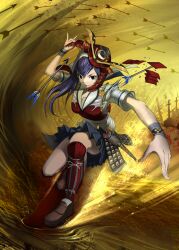  :p armor arrow_(projectile) bad_id bad_pixiv_id female hat hat_tip helmet highres japanese_armor kabuto_(helmet) katana original painttool_sai_(medium) purple_eyes purple_hair rain_of_arrows samurai shijima_(tanfn) shoes skirt solo suneate surfing sword tongue tongue_out water weapon 