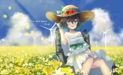  :d bare_shoulders dress female flower green_eyes green_hair hat highres honkai_(series) honkai_impact_3rd kampher_(yekxiong) looking_at_viewer off_shoulder open_mouth outdoors sitting smile solo straw_hat summer sundress sunflower wendy_(honkai_impact) white_dress 