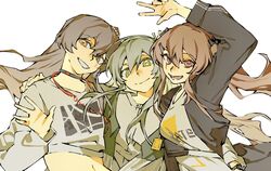  3girls bangs black_choker black_jacket bow breasts brown_eyes brown_hair casual choker closed_mouth commentary english_commentary girls&#039;_frontline green_eyes green_hairband green_jacket grey_hair hair_ornament hairband hairbow hairclip hand_on_another&#039;s_shoulder hand_up headphones headphones_around_neck highres id_card jacket long_hair looking_at_viewer lower_teeth multiple_girls official_alternate_costume open_clothes open_jacket open_mouth print_shirt red_eyes scar scar_across_eye shirt side_ponytail sidelocks small_breasts smile star-shaped_pupils star_(symbol) symbol-shaped_pupils teeth twintails ump40_(girls&#039;_frontline) ump45_(girls&#039;_frontline) ump9_(girls&#039;_frontline) upper_body v white_background white_shirt yusen_0329 