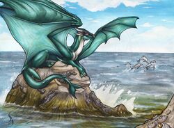  2021 cetacean claws day detailed_background dolphin dragon european_mythology feral green_body green_scales group horn mammal marine membrane_(anatomy) membranous_wings mythological_creature mythological_scalie mythology natoli oceanic_dolphin outside scales scalie sky tail toothed_whale traditional_media_(artwork) western_dragon wings 