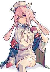  1boy alternate_costume animal_ears ansel_(arknights) arknights black_choker black_jacket blush choker clothes_writing crossdressing crossed_bangs dress feet_out_of_frame floppy_ears gloves hair_between_eyes hair_ornament id_card jacket lanyard looking_at_viewer male_focus off_shoulder open_clothes open_dress open_jacket otoko_no_ko pink_eyes pink_gloves pink_hair rabbit_boy rabbit_ears short_hair simple_background sitting solo sweatdrop syringe thighhighs white_background white_dress white_thighhighs white_wrist_cuffs wrist_cuffs x_hair_ornament yoruhachi 