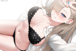  absurdres asuna_(blue_archive) asymmetrical_bangs black_bra black_panties blue_archive blush bra breasts breasts_apart collarbone embroidered_bra female fingernails floral_print hair_over_one_eye highres lace-trimmed_bra lace_trim large_breasts light_brown_hair long_bangs looking_at_viewer lying mole mole_on_breast nail_polish navel on_back one_eye_covered open_clothes open_shirt panties patreon_username rosumerii shirt sideboob smile solo stomach underwear white_shirt 