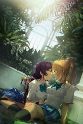  2girls all_fours ayase_eli bad_id bad_pixiv_id black_socks black_thighhighs blue_skirt bow bowtie breasts collared_shirt crying duplicate eye_contact face-to-face film_grain green_bow green_bowtie greenhouse hand_in_another&#039;s_hair imminent_kiss large_breasts looking_at_another love_live! love_live!_school_idol_project miniskirt multiple_girls on_floor otonokizaka_school_uniform plaid plaid_skirt playing_with_another&#039;s_hair pleated_skirt school_uniform scrunchie shirt short_sleeves signature sitting skirt socks striped_bow striped_bowtie striped_clothes summer_uniform tears thighhighs tojo_nozomi wading water white_shirt yuri zawawa_(satoukibi1108) 