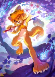  absurdres animal_hands bell bottomless branch cherry_blossoms commentary_request commission female fox_girl fox_hat full_body full_moon furrification furry furry_female halterneck highres hitodama holding holding_staff inuki_(aruurara) looking_at_viewer moon moonlight_flower mountain oerba_yun_fang one_eye_closed open_mouth outstretched_arm purple_sky ragnarok_online red_eyes second-party_source short_hair signature skeb_commission sky smile solo staff standing_on_branch 