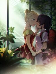  2girls aged_down aqua_eyes ayase_eli backpack bad_id bad_pixiv_id bad_twitter_id bag blonde_hair blue_eyes blurry blush braid cowboy_shot crying depth_of_field dress face-to-face film_grain grabbing_another&#039;s_chin greenhouse hair_bun hair_up hand_on_another&#039;s_chin height_difference highres holding_another&#039;s_wrist imminent_kiss lolicon love_live! love_live!_school_idol_project multiple_girls off-shoulder_dress off_shoulder purple_hair randoseru red_bag signature single_hair_bun tears tojo_nozomi twin_braids yuri zawawa_(satoukibi1108) 