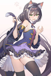  absurdres animal_ear_fluff animal_ears armpits bare_shoulders black_hair black_thighhighs cat_ears cat_girl cat_tail detached_sleeves dress duplicate female flat_chest frilled_dress frills gold_trim green_eyes hair_between_eyes highres karyl_(princess_connect!) long_hair looking_at_viewer looking_back low_twintails multicolored_hair open_mouth pixel-perfect_duplicate princess_connect! purple_dress solo standing streaked_hair tail teffish thighhighs twintails very_long_hair wide_sleeves zettai_ryouiki 