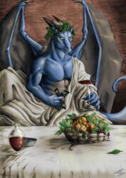  2020 alcohol anthro bacchus bedding beverage blanket blue_body claws clothed clothing container cup dragon drinking_glass fig food fruit fruit_basket furiarossa furniture glass glass_container glass_cup grape green_eyes grey_body hi_res holding_object horn inspired_by_formal_art leaf leaf_crown looking_at_viewer male membrane_(anatomy) membranous_wings multicolored_body muscular muscular_male mythological_creature mythological_scalie mythology peach_(fruit) pecs plant pose ribbons scalie signature sitting solo table tail topless two_tone_body wine wine_bottle wine_glass wings 