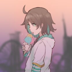  bob_cut female food green_eyes green_hair holding holding_food honkai_(series) honkai_impact_3rd hood hoodie ice_cream licking long_sleeves looking_at_viewer medium_hair outdoors qingqingqingqingheshoujun sunset tongue wendy_(honkai_impact) white_hoodie 