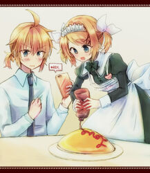  1boy apron black_dress blonde_hair blue_eyes blush bottle bow cellphone collar commentary dress dress_shirt female food food_writing frilled_collar frills haine_koko hair_ornament hairbow hairclip hand_on_own_chest heart holding holding_bottle holding_phone kagamine_len kagamine_rin ketchup_bottle leaning_forward maid maid_apron maid_headdress necktie omelet omurice open_mouth phone plate recording shirt short_hair short_ponytail smartphone smile spiked_hair squeezing standing twintails upper_body v-shaped_eyebrows vocaloid white_bow white_shirt 