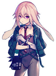  1boy alternate_costume animal_ears ansel_(arknights) arknights black_bag black_jacket black_leotard black_pantyhose black_wristband collar cowboy_shot crossdressing crossed_bangs detached_collar fishnet_pantyhose fishnets floppy_ears gloves hair_between_eyes highres infection_monitor_(arknights) jacket jacket_on_shoulders leotard looking_at_viewer male_focus male_playboy_bunny necktie open_clothes open_jacket otoko_no_ko pantyhose pink_eyes pink_hair pouch rabbit_boy rabbit_ears red_necktie short_hair simple_background solo white_background white_collar white_gloves yoruhachi 