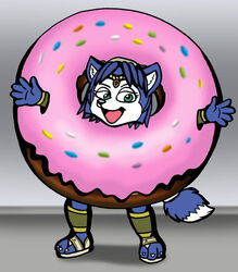  anthro canid canine clothing costume dessert detailed_background donut_costume doughnut doughnut_costume female food food_costume fox krystal_(star_fox) mammal nintendo pastry solo standing star_fox star_fox_adventures vixdojofox 