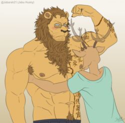  2_horns abs anthro arm_tattoo armpit_fetish armpit_hair beastars blush body_hair cervine chest_tattoo deer duo eyewear felid glasses hi_res horn ibuki_(beastars) jabuhusky lion louis_(beastars) male male/male mammal muscular muscular_anthro muscular_male nipples pantherine pecs pubes red_deer tattoo 