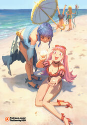  1boy 3girls alternate_costume bare_legs beach bent_over bikini black_choker black_shorts blonde_hair blue_bikini blue_footwear blue_hair blue_sky blunt_bangs braid breasts brown_eyes buried choker cleavage commentary crown_braid day detached_sleeves english_commentary eyewear_on_head fire_emblem fire_emblem:_three_houses fire_emblem_heroes frilled_bikini frills full_body glint green_bikini green_little halterneck hand_on_own_hip hand_on_own_knee high_heels hilda_valentine_goneril hilda_valentine_goneril_(summer) holding holding_shell holding_umbrella holding_weapon ingrid_brandl_galatea ingrid_brandl_galatea_(summer) long_hair marianne_von_edmund marianne_von_edmund_(summer) medium_breasts medium_hair multiple_girls navel ocean official_alternate_costume open_mouth outdoors parasol patreon_logo patreon_username pink_bikini pink_eyes pink_hair polearm red_bikini red_footwear sand sandals sarong seashell see-through see-through_sleeves shadow shell shorts sidelocks sky smile spear standing starpoint_lance_(fire_emblem) stomach strappy_heels sunglasses swimsuit sylvain_jose_gautier sylvain_jose_gautier_(summer) thighs through_ground toeless_footwear top-down_bottom-up twintails umbrella upside-down watermark weapon web_address 