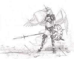  2022 alicorn anthro armor arrow_(weapon) baron_engel belt breastplate breasts clothing equid equine eyebrows feathered_wings feathers female friendship_is_magic graphite_(artwork) greyscale hair hasbro hi_res horn long_hair mammal melee_weapon midriff monochrome my_little_pony mythological_creature mythological_equine mythology navel panties pauldron pencil_(artwork) polearm princess_celestia_(mlp) ranged_weapon round_shield shield solo spear story story_in_description sword traditional_media_(artwork) unconvincing_armor underwear unguligrade_anthro warrior weapon wings 