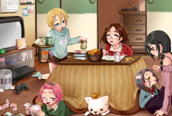  2boys 3girls :3 :d bad_id bad_pixiv_id bangs_pinned_back bare_shoulders black_eyes black_skirt blonde_hair blue_eyes blue_sweater bow brown_hair calendar_(object) canine character_request closed_eyes commentary_request crossdressing cup drawer feeding food fruit fur_collar game_console glasses green_sweater grey_hair hair_between_eyes hair_ornament hairbow hairclip heater highres indoors jacket jiishiki_kajou_(ukagaka) kneeling kotatsu lolicon long_hair long_sleeves looking_at_another low_twintails lying mandarin_orange miniskirt multiple_boys multiple_girls nikubou_maranoshin notebook oerba_yun_fang on_floor on_stomach open_mouth original otoko_no_ko pen phone pink_hair playstation_2 pom_pom_(clothes) pom_pom_hair_ornament reading red_jacket ribbed_sweater short_hair short_shorts shorts side_handle_teapot sitting skirt sliding_doors smile socks sweatdrop sweater table tea teapot television track_jacket tray twintails ukagaka under_kotatsu under_the_table used_tissue yellow_eyes yume_nikki_(ukagaka) yunomi 