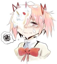  birthday_cake blush bow cake candle commentary_request damenano104 female food food_on_face fruit hair_ribbon in_the_face kaname_madoka mahou_shoujo_madoka_magica mahou_shoujo_madoka_magica_(anime) mitakihara_school_uniform pie_in_face pink_eyes pink_hair ribbon school_uniform short_twintails solo spoken_squiggle squiggle strawberry tearing_up tears twintails 