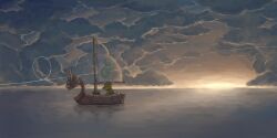  1boy bad_id bad_pixiv_id boat cloud hat horizon kuruuya link ocean outdoors reflection sailboat scenery sunset the_king_of_red_lions the_legend_of_zelda the_legend_of_zelda:_the_wind_waker toon_link watercraft wind 