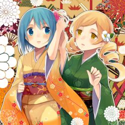  2girls alternate_costume bad_id bad_pixiv_id blonde_hair blue_eyes blue_hair drill_hair floral_print floral_print_sash flower folding_fan hair_flower hair_ornament hand_fan japanese_clothes jing_hu kanoko_(pattern) kikumon kimono mahou_shoujo_madoka_magica mahou_shoujo_madoka_magica_(anime) miki_sayaka multiple_girls obi obiage obidome obijime photoshop_(medium) sash sayagata seigaiha shippou_(pattern) short_hair tomoe_mami twin_drills twintails yellow_eyes 