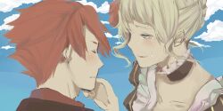  1boy beatrice_(umineko) blonde_hair blue_eyes closed_eyes cloud commentary_request couple day female flower hair_flower hair_ornament hand_on_another&#039;s_face highres kouichirou long_hair red_hair sky straight tears umineko_no_naku_koro_ni ushiromiya_battler 