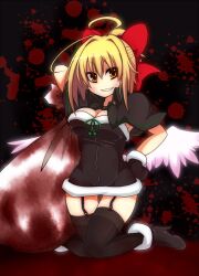  :d ahoge angel_wings black_santa_costume black_thighhighs blonde_hair blood blood_stain boots bow breasts capelet cleavage commentary_request dress earlgrey female fur_trim garter_straps gengetsu_(touhou) gloves grin hairbow hand_on_own_hip kneeling low_wings medium_breasts no_nose open_mouth ponytail red_bow sack santa_costume short_dress smile solo thighhighs touhou touhou_(pc-98) v-shaped_eyebrows wings yellow_eyes zettai_ryouiki 