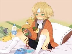  bad_id bad_pixiv_id blonde_hair bottle brand_name_imitation cameo circled_9 cirno cold_pack female fever futon green_eyes half_updo knees_up mizuhashi_parsee nazochoco pillow plaid pocari_sweat pointy_ears scarf short_hair sick sitting skirt slit_pupils socks solo stuffed_animal stuffed_toy tatami teddy_bear thermometer touhou water_bottle white_socks zun 