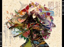  arms_up black_hair black_kimono blood commentary_request egasumi female floral_print food fox_mask green_eyes hatsune_miku highres itou_toi japanese_clothes katana kimono long_hair makeup mask multicolored_hair musunde_hiraite_rasetsu_to_mukuro_(vocaloid) right-over-left_kimono smile solo sword tattoo twintails vocaloid weapon 