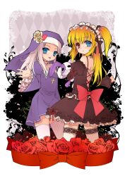  2girls bad_id bad_pixiv_id blonde_hair blue_eyes boku_wa_tomodachi_ga_sukunai bow cross frilled_legwear gothic_lolita grandia_bing grey_hair hairband hasegawa_kobato heart heterochromia lolita_fashion lolita_hairband looking_back multiple_girls nun photoshop_(medium) red_eyes stuffed_animal stuffed_rabbit stuffed_toy takayama_maria thighhighs two_side_up zettai_ryouiki 