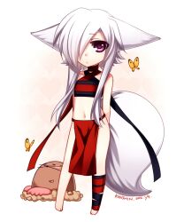  aika_(konshin) animal_ears artist_self-insert bug butterfly chibi commentary_request female fox_ears fox_tail hair_over_one_eye konshin konshin_(character) midriff navel original purple_eyes short_hair_with_long_locks solo tail white_hair 