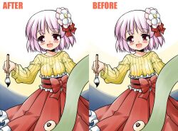  akou_roushi before_and_after blush bow breasts calligraphy_brush commentary_request female flower hair_ornament hieda_no_akyuu looking_at_viewer medium_breasts obi open_mouth paintbrush purple_eyes purple_hair ribbed_sweater sash scroll smile solo sweater tareme touhou 