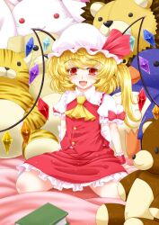  archienemy ascot blonde_hair blush book bow commentary_request female flandre_scarlet hat hat_ribbon oerba_yun_fang open_mouth red_eyes ribbon short_hair side_ponytail sitting skirt skirt_set smile solo stuffed_animal stuffed_cat stuffed_dog stuffed_lion stuffed_penguin stuffed_rabbit stuffed_toy teddy_bear touhou toy wings wrist_cuffs 