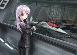  absurdres ace_combat ace_combat_6 aircraft airplane bad_id bad_pixiv_id female fighter_jet fur_trim gloves hangar highres jet lita_(keyboard000) military military_uniform military_vehicle photoshop_(medium) pointing reflection science_fiction solo strigon_squadron su-33 uniform vehicle_focus 