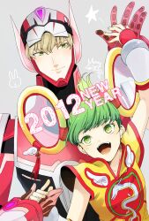  1boy 2012 ane_(artist) bad_id bad_pixiv_id barnaby_brooks_jr. blonde_hair chinese_clothes detached_sleeves dragon_kid female green_eyes green_hair hat high_five holding_hands huang_baoling new_year short_hair shorts superhero_costume tiger_&amp;_bunny 