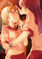  2girls bookshelf clothes_lift commentary_request eye_contact hand_on_another&#039;s_face hand_under_clothes hand_under_shirt highres long_hair looking_at_another midriff multiple_girls navel orange_hair original purple_eyes saliva saliva_trail school_uniform serafuku shirt shirt_lift short_hair sunset yellow_eyes yuri zpolice 