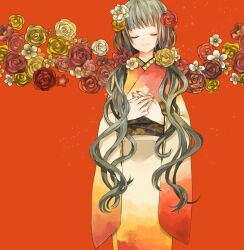  brown_flower brown_rose buzz_(moi) camellia closed_eyes commentary_request female fingernails flower grey_hair hair_flower hair_ornament japanese_clothes kimono orange_background orange_flower orange_rose orange_theme original red_flower red_rose rose seigaiha simple_background solo twintails white_flower white_rose yellow_flower yellow_rose 