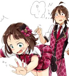  1boy ahoge amagase_touma amami_haruka bad_id bad_pixiv_id brown_eyes brown_hair female green_eyes idolmaster idolmaster_(classic) idolmaster_2 implied_pantyshot short_hair sukoyaka_(100hituzi) tripping 