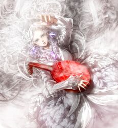  bad_id bad_pixiv_id dress earrings female instrument jewelry long_hair lute_(instrument) lying necklace original solo tanupo white_hair white_theme 