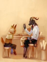  2boys animal_ears animal_feet bad_id bad_pixiv_id black_fur black_pants blonde_hair blue_eyes body_fur brown_background brown_fur chair claws closed_mouth cross-laced_clothes cross-laced_legwear ear_piercing earrings forest_of_pixiv furry furry_male goat_boy goat_ears goat_horns holding holding_needle hooves horizontal_pupils horn_piercing horns indoors jewelry long_sleeves male_focus multiple_boys needle no_shirt pants pawpads piercing pincushion sewing sewing_machine sewing_pin shirt short_hair sitting smile stool table tail thread white_shirt yellow_eyes yuzu_shio 