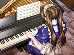  brown_hair elysion_~eien_no_sanctuary~ female game_cg grand_piano instrument jpeg_artifacts maid maid_headdress music oohara_mirei piano playing_instrument reflection sheet_music solo twintails yokota_mamoru 