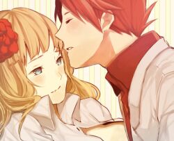  1boy alternate_hairstyle bad_id bad_pixiv_id beatrice_(umineko) blonde_hair blue_eyes blush breasts closed_eyes couple female flower hair_down hair_flower hair_ornament kouichirou large_breasts long_hair red_hair smile straight umineko_no_naku_koro_ni ushiromiya_battler 