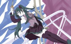  bad_id bad_pixiv_id boxcutter crossed_legs detached_sleeves female green_hair hatsune_miku long_hair necktie o_su_(41nmk) razor scissors sitting skirt solo thighhighs twintails vocaloid 