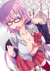  bad_id bad_pixiv_id bespectacled black-framed_eyewear black_thighhighs blazer blue_eyes bow bowtie breasts buttons candle chains chandelier cleavage collared_shirt colored_eyelashes condom condom_in_mouth condom_wrapper covered_nipples cowboy_shot dutch_angle female from_above fukagawa_kazumi glasses gradient jacket large_breasts light_purple_hair long_hair long_sleeves looking_at_viewer megurine_luka mouth_hold navel no_bra open_clothes open_jacket open_shirt plaid plaid_skirt pleated_skirt school_uniform shadow shirt silhouette skirt solo thighhighs unbuttoned undressing untied very_long_hair vocaloid zettai_ryouiki 