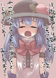  arms_behind_back blue_hair bow commentary crying crying_with_eyes_open female food fruit gaoo_(frpjx283) hat hinanawi_tenshi long_hair masochism open_mouth peach solo tears touhou translated 