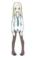  blonde_hair blue_eyes cartoon_network dc_comics dice_k00 dress_shirt female full_body legwear necktie pantyhose shirt simple_background smile solo standing stockings teen_titans terra_(dc) thighhighs tie white_background 